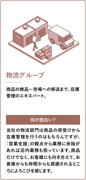 物流グループ 商品の検品~売場への移送まで、在庫管理のエキスパート。 当社の物流部門は商品の荷受けから在庫管理を行うのはもちろんですが、「営業支援」の観点から業務に余裕があれば店内業務も担っています。商品だけでなく、お客様にも向き合えて、お客様からも仲間からも感謝されるところによろこびを感じます。